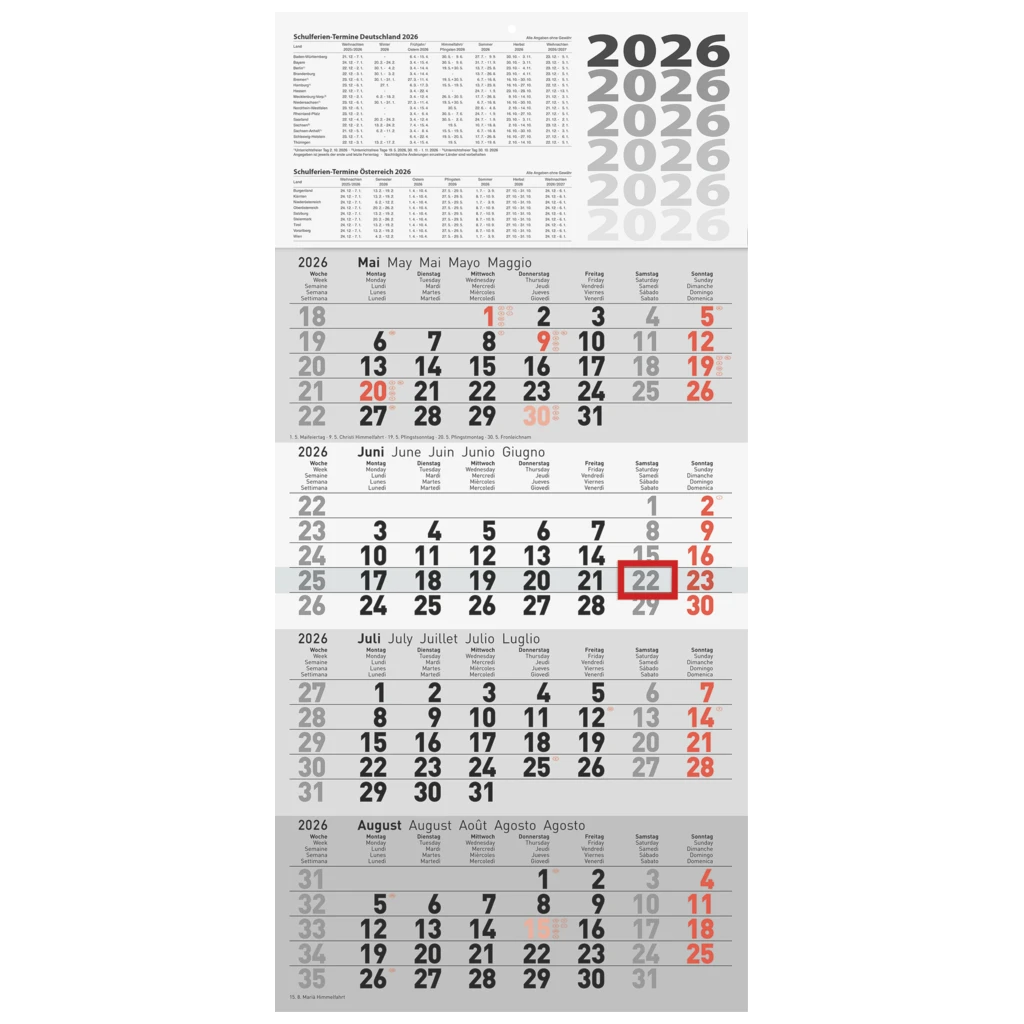 4-Monatskalender 2026 | grau, 300×630 mm Mode