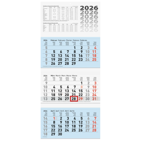 3-Monatskalender 2026 | blau, 320×740 mm Im Angebot